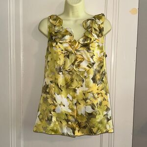 Anne‎ Klein chartreuse green watercolor sleeveless ruffle neck polyester blouse